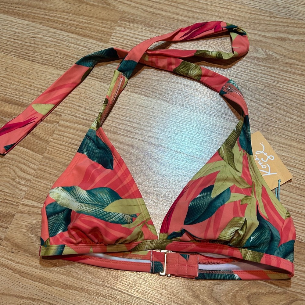 NWT Kona‎ Sol Womens Tropical Leaf Halter Triangle Bikini Top Coral Small